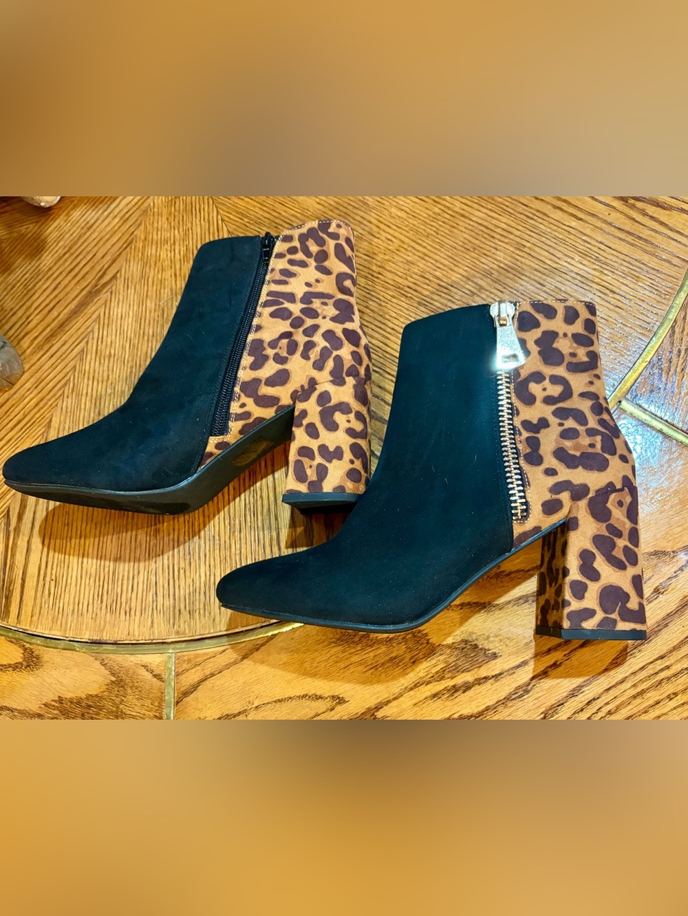 Black & Leopard Print Block-Heel Ankle Boots SZ 7.5